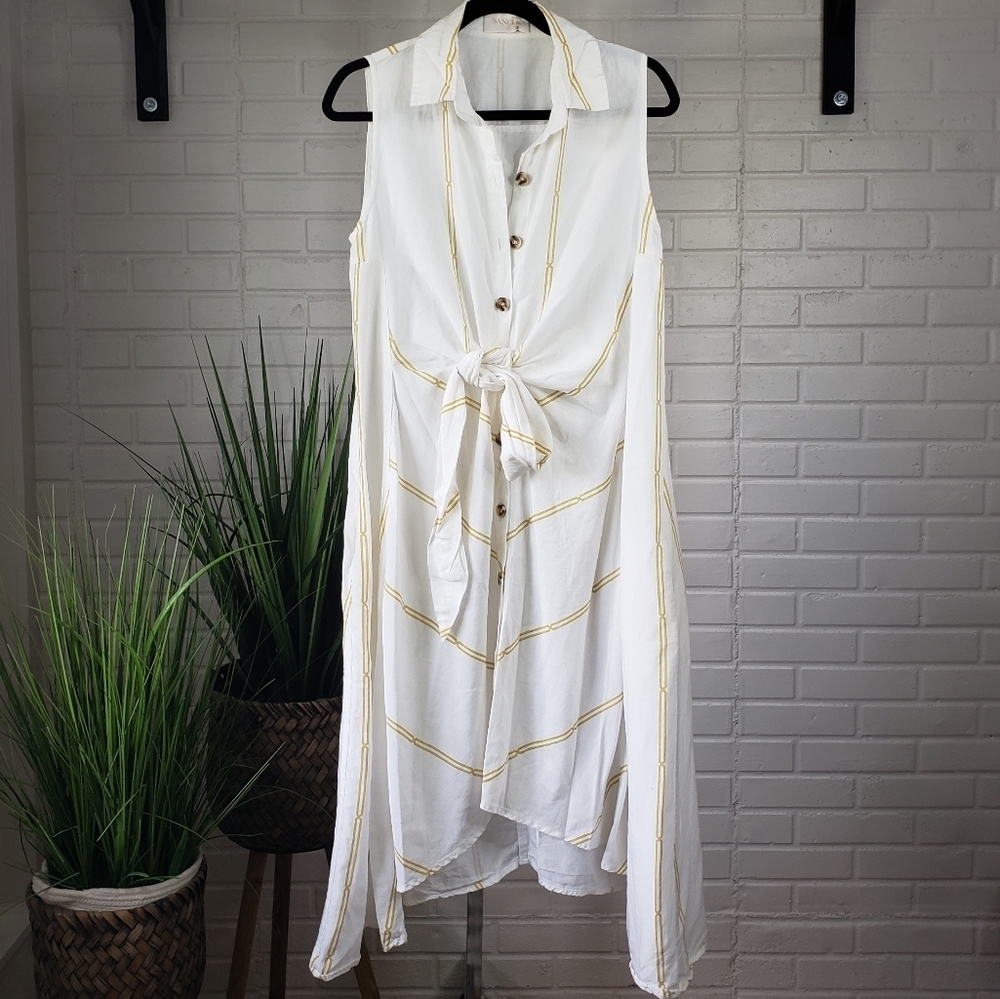 Sancia Sleeveless Midi Linen Blend Dress size Medium White and Gold